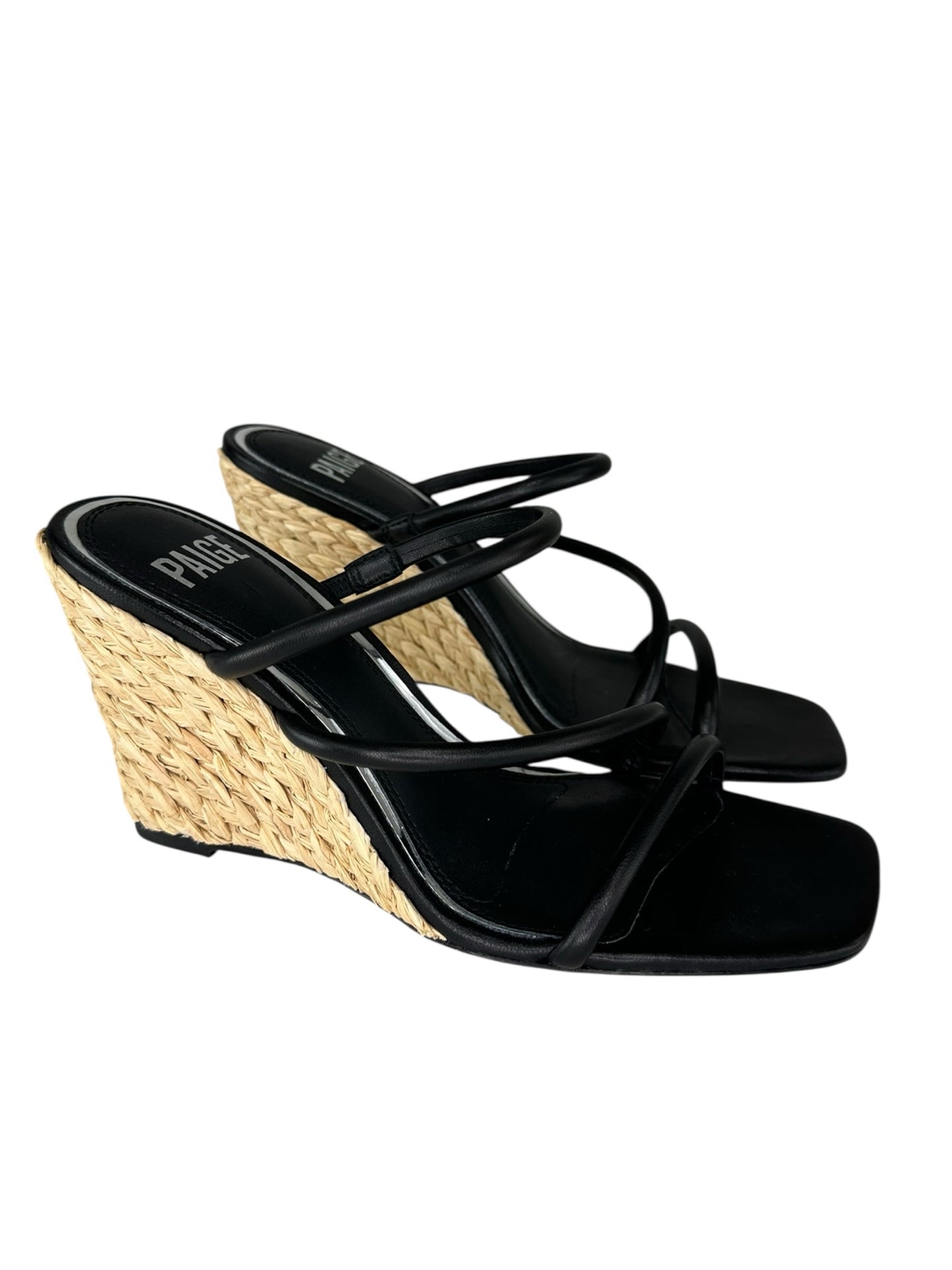 PAIGE Black Leather Stacey Three-Band Wedge Espadrilles Size 8