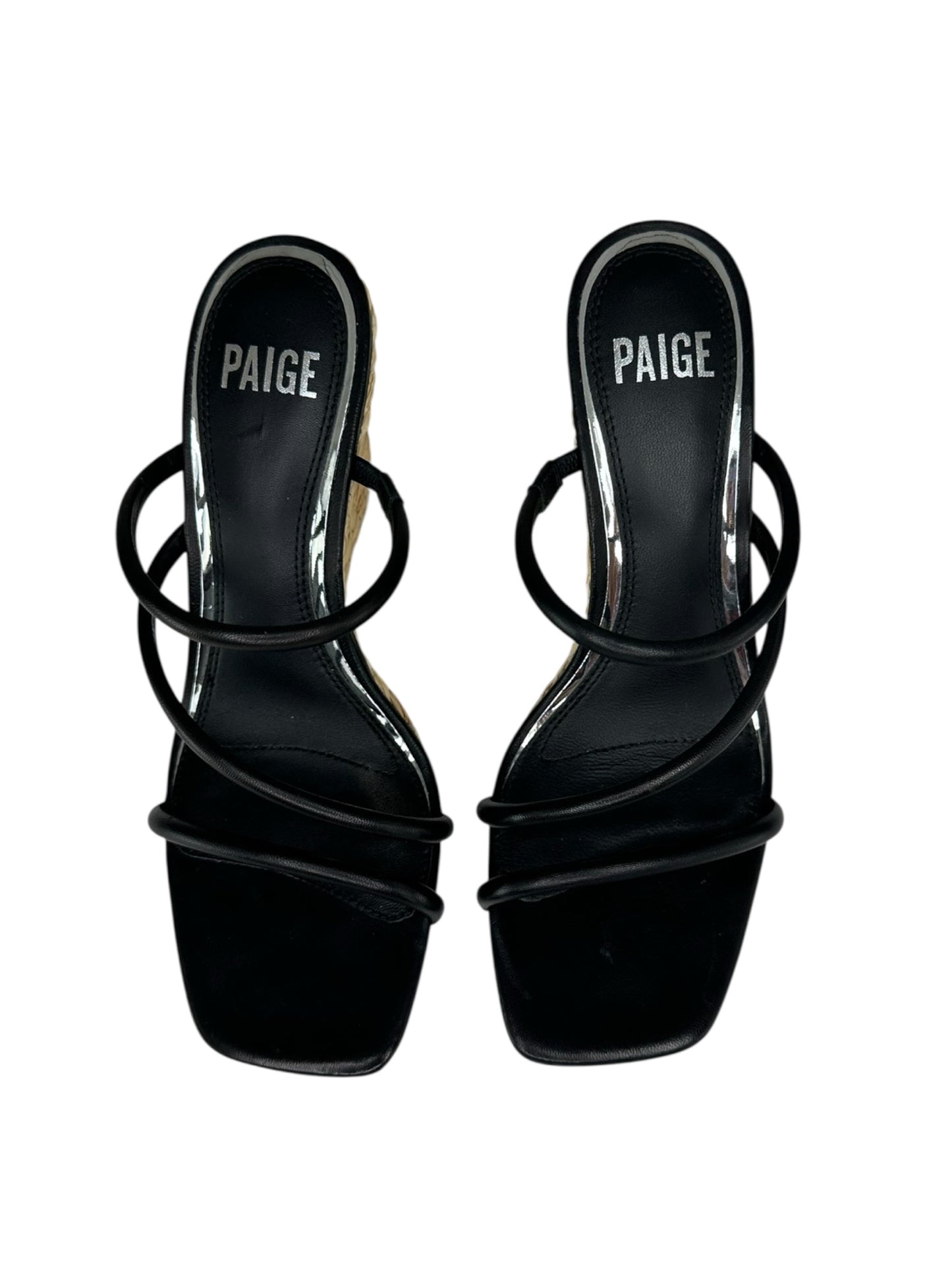 PAIGE Black Leather Stacey Three-Band Wedge Espadrilles Size 8
