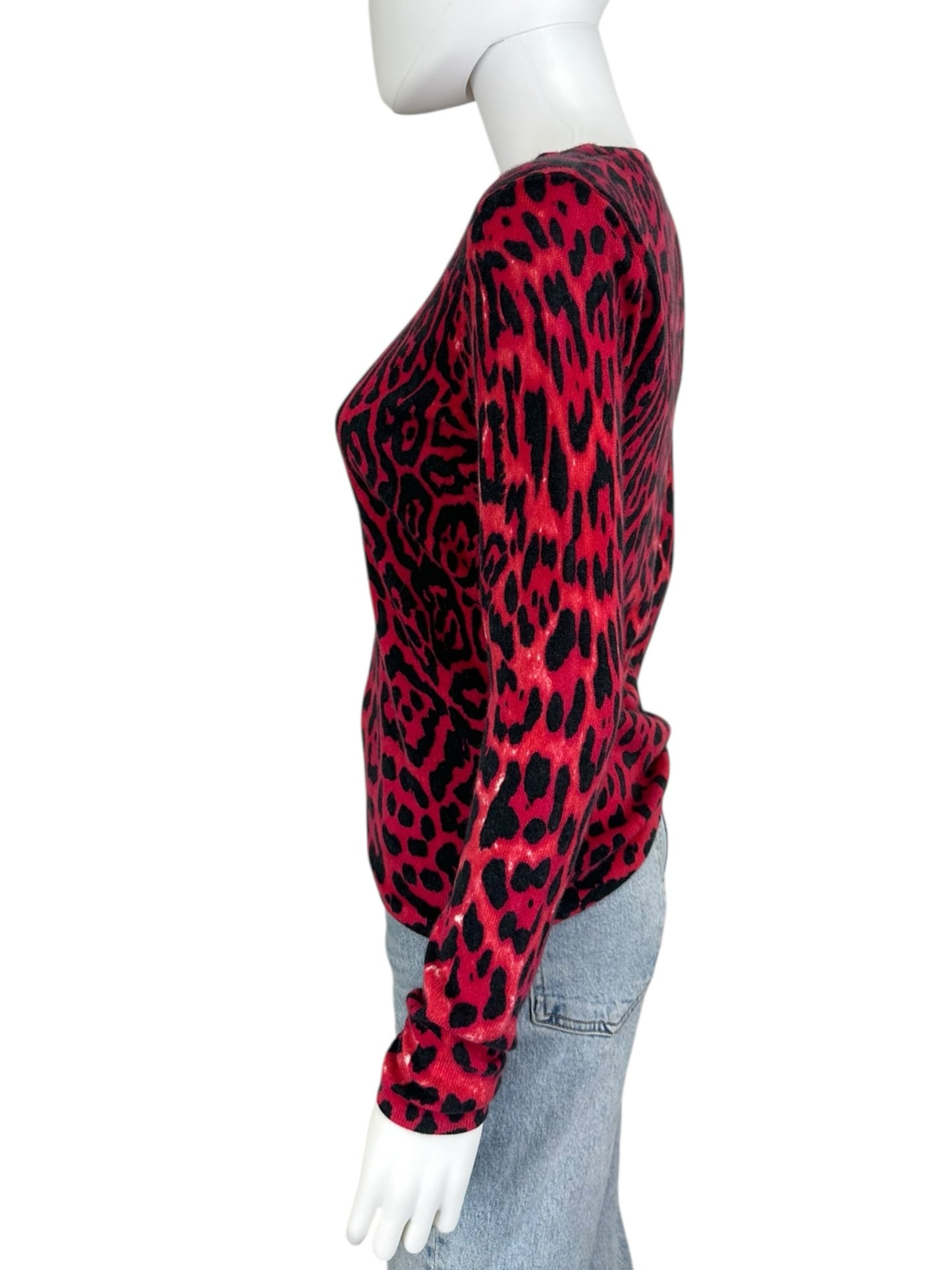 Neiman Marcus Red 100% Cashmere Leopard Print Sweater Size S