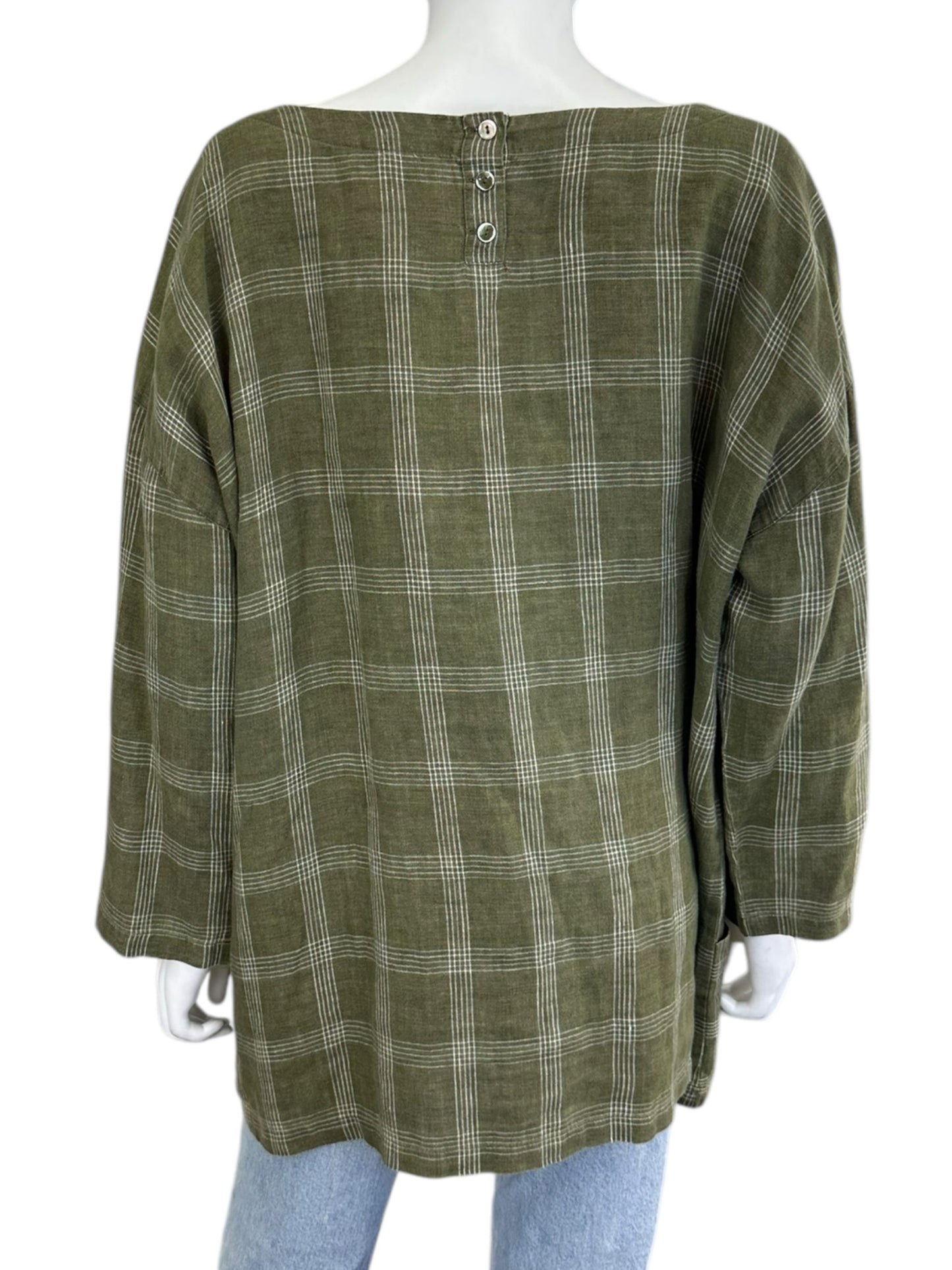EILEEN FISHER 100% Organic Linen Green Plaid Blouse Size XL