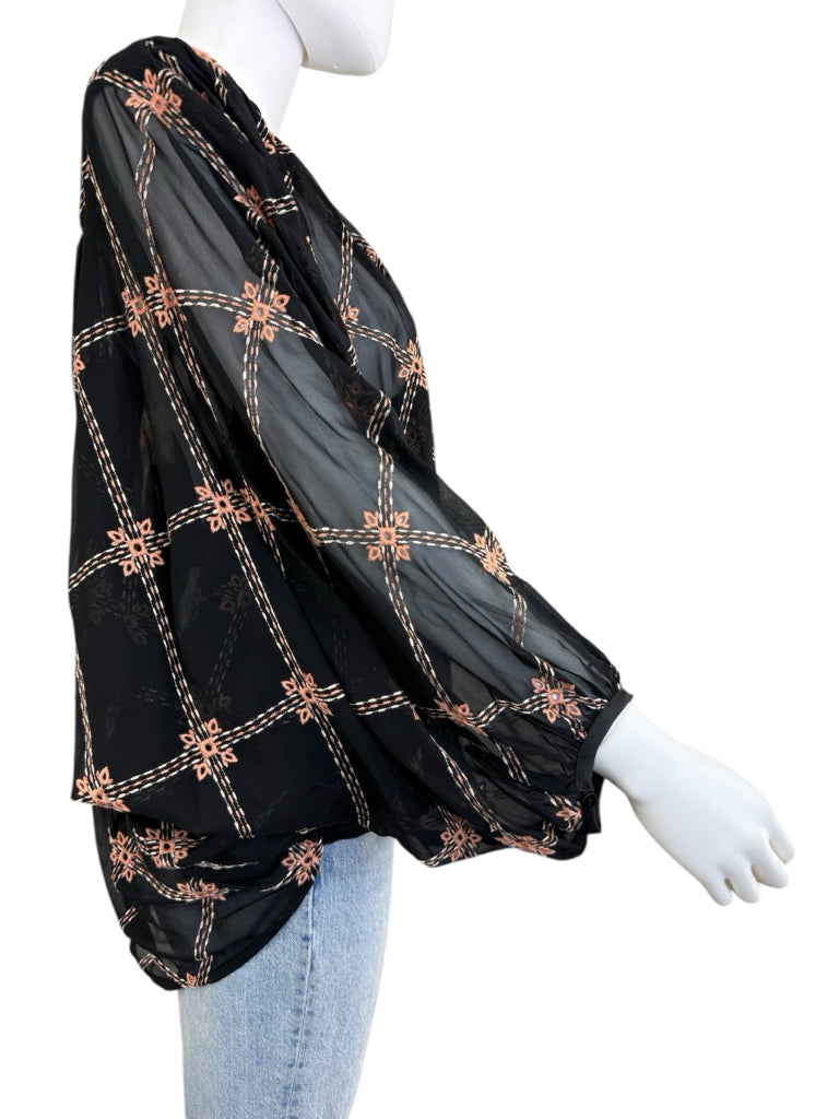 Johnny Was NWT Black Sheer Prin Iman Blouse Size M