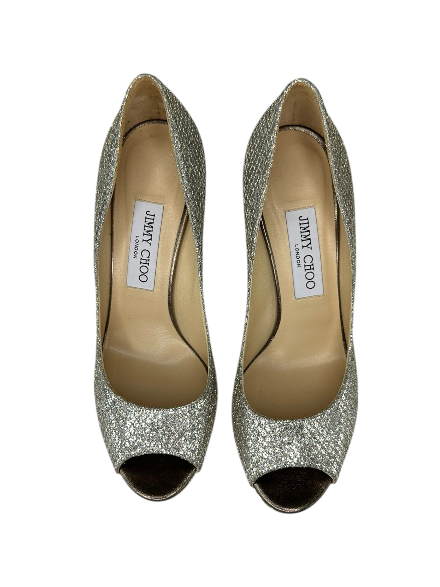 JIMMY CHOO Luna Champagne Glitter Peeptoe Pumps Size 38.5