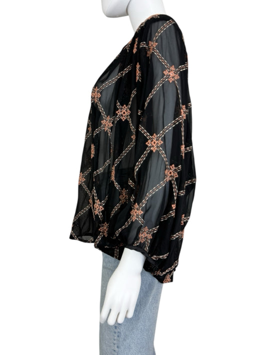 Johnny Was NWT Black Sheer Prin Iman Blouse Size M