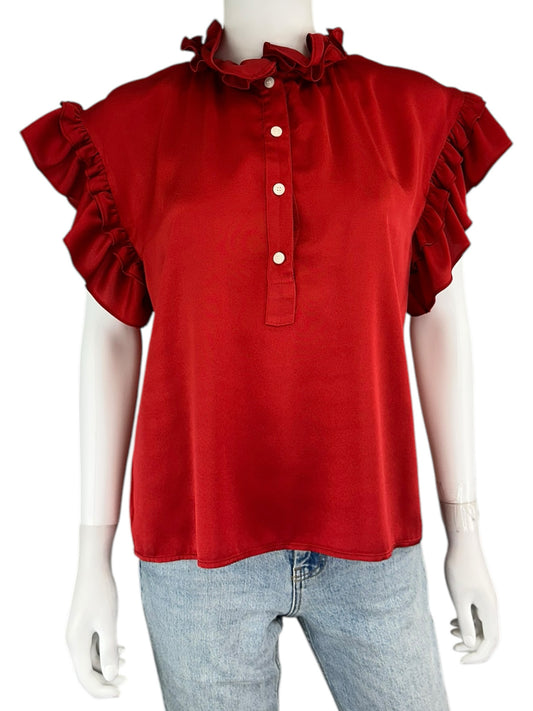 KOCH Red Ruffle Satin Blouse Size S