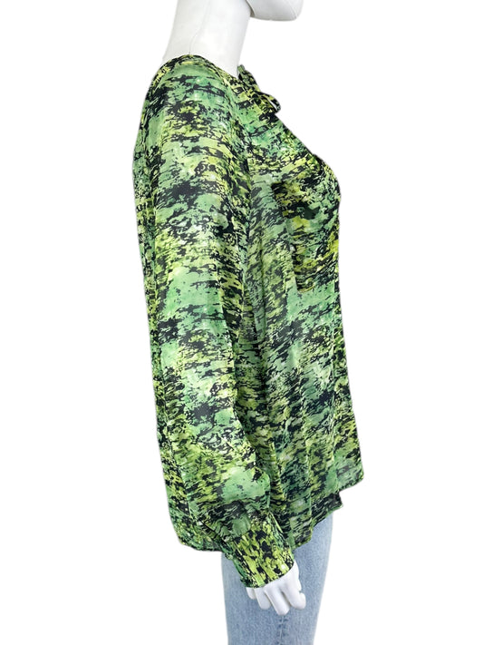 BCBGMAXAZRIA 100% Silk Green Printed Blouse Size M