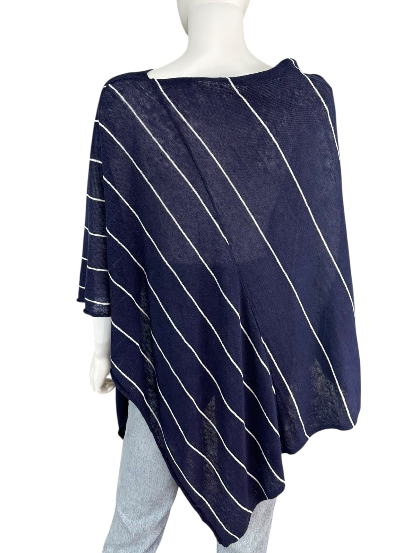EILEEN FISHER Navy Striped Linen Poncho Size O/S