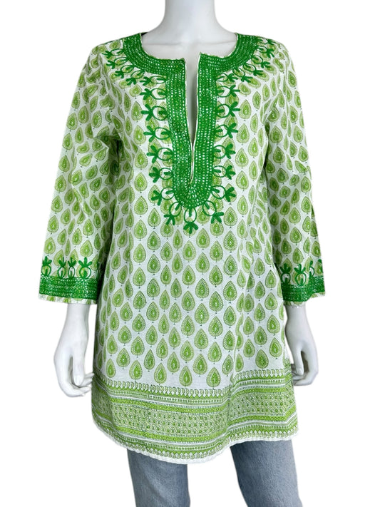 POMEGRANATE Green Paisley Embroidered Tunic Size L