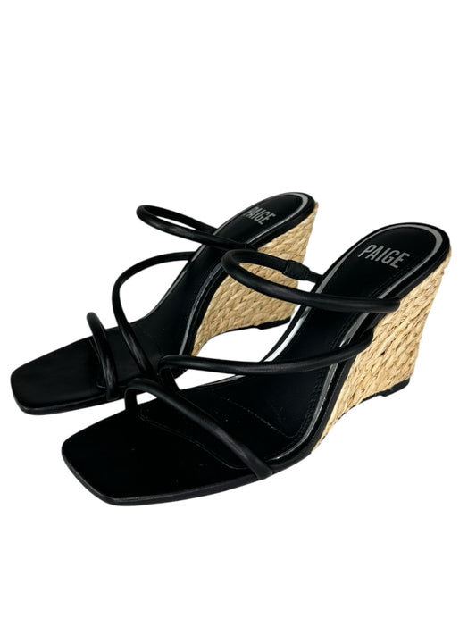 PAIGE Black Leather Stacey Three-Band Wedge Espadrilles Size 8