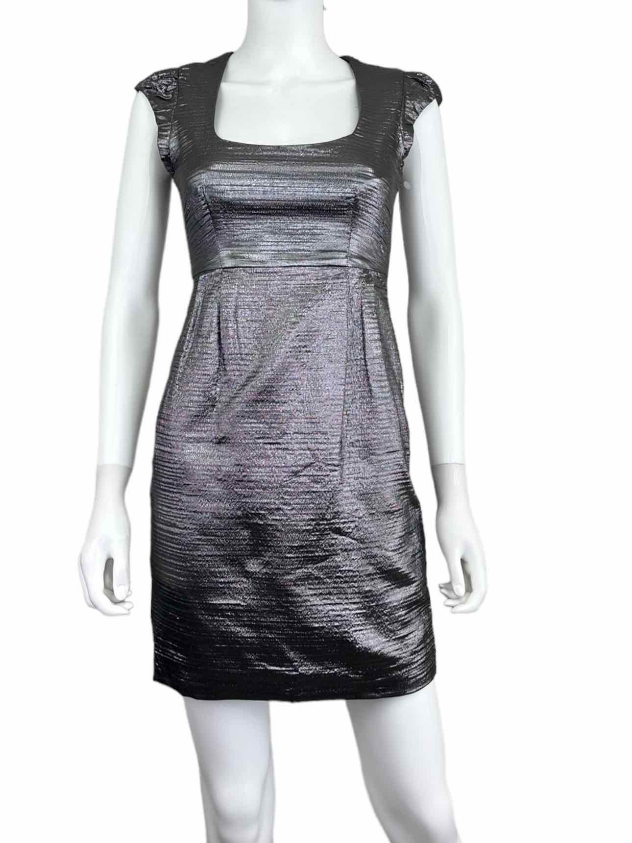 french connection silver dress French Connection Women's Large Sleeveless Shimmery Silver Twist Front Dress