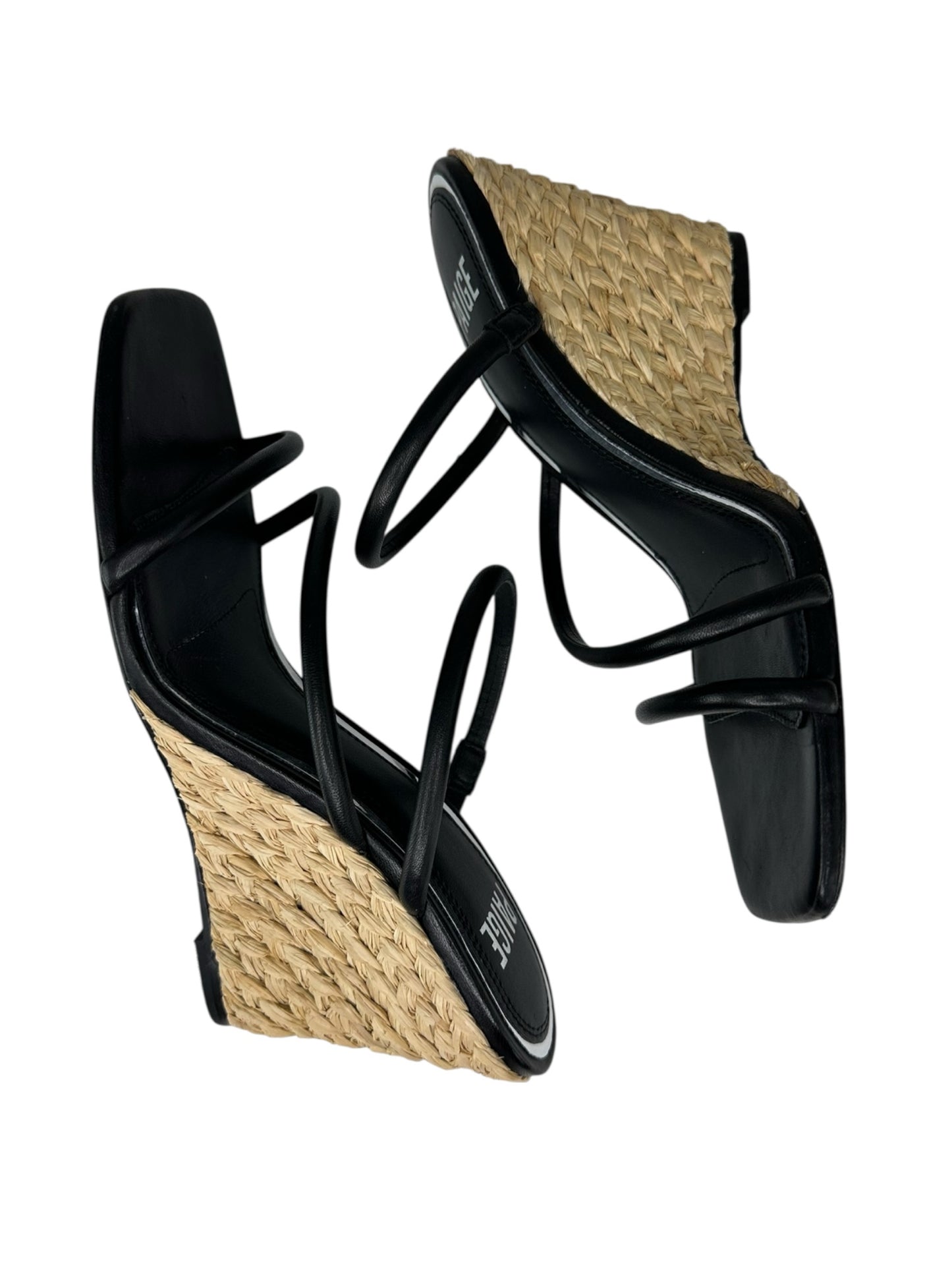 PAIGE Black Leather Stacey Three-Band Wedge Espadrilles Size 8