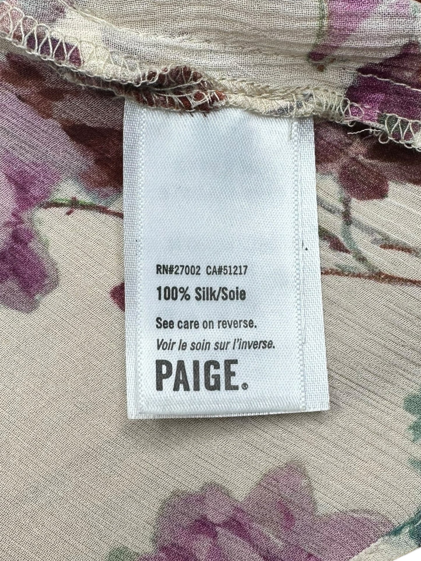 PAIGE 100% Silk Cream Sheer Floral Blouse Size S