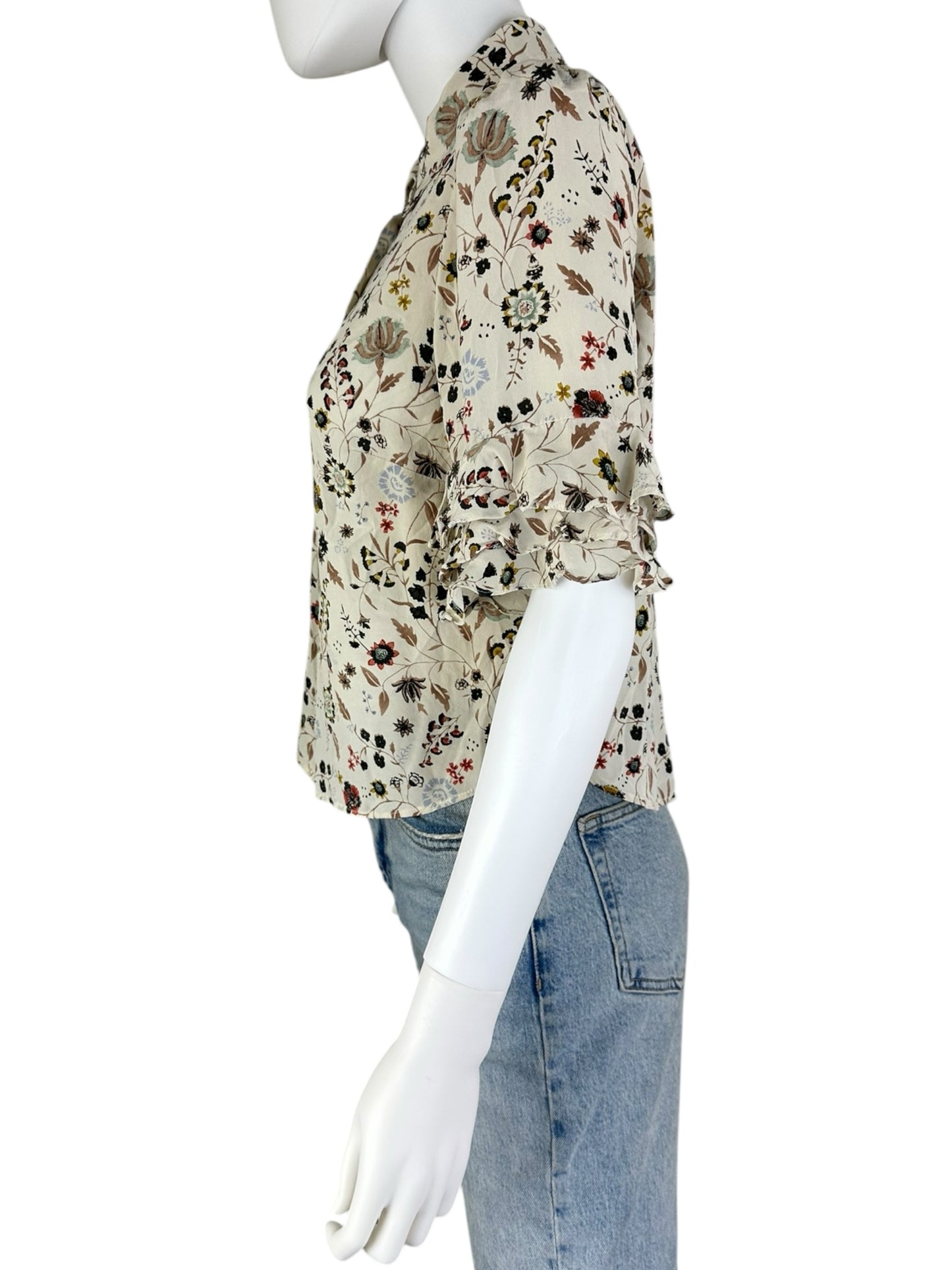 FRAME Cream Silk Floral Print Blouse Size S