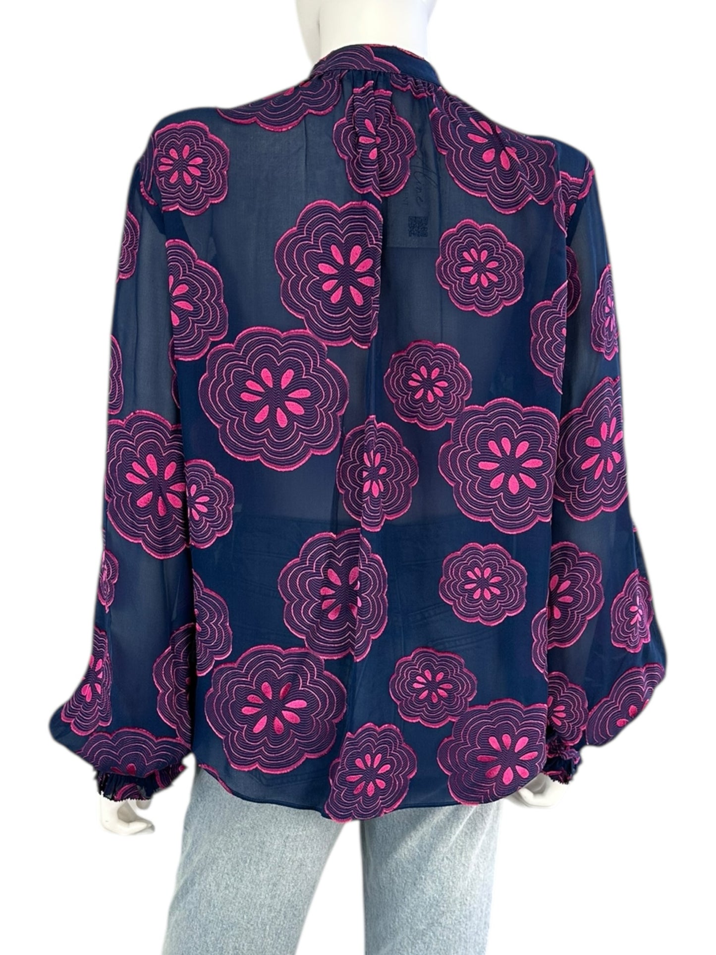 TRINA TURK Navy Floral Silk Print Blouse Size L