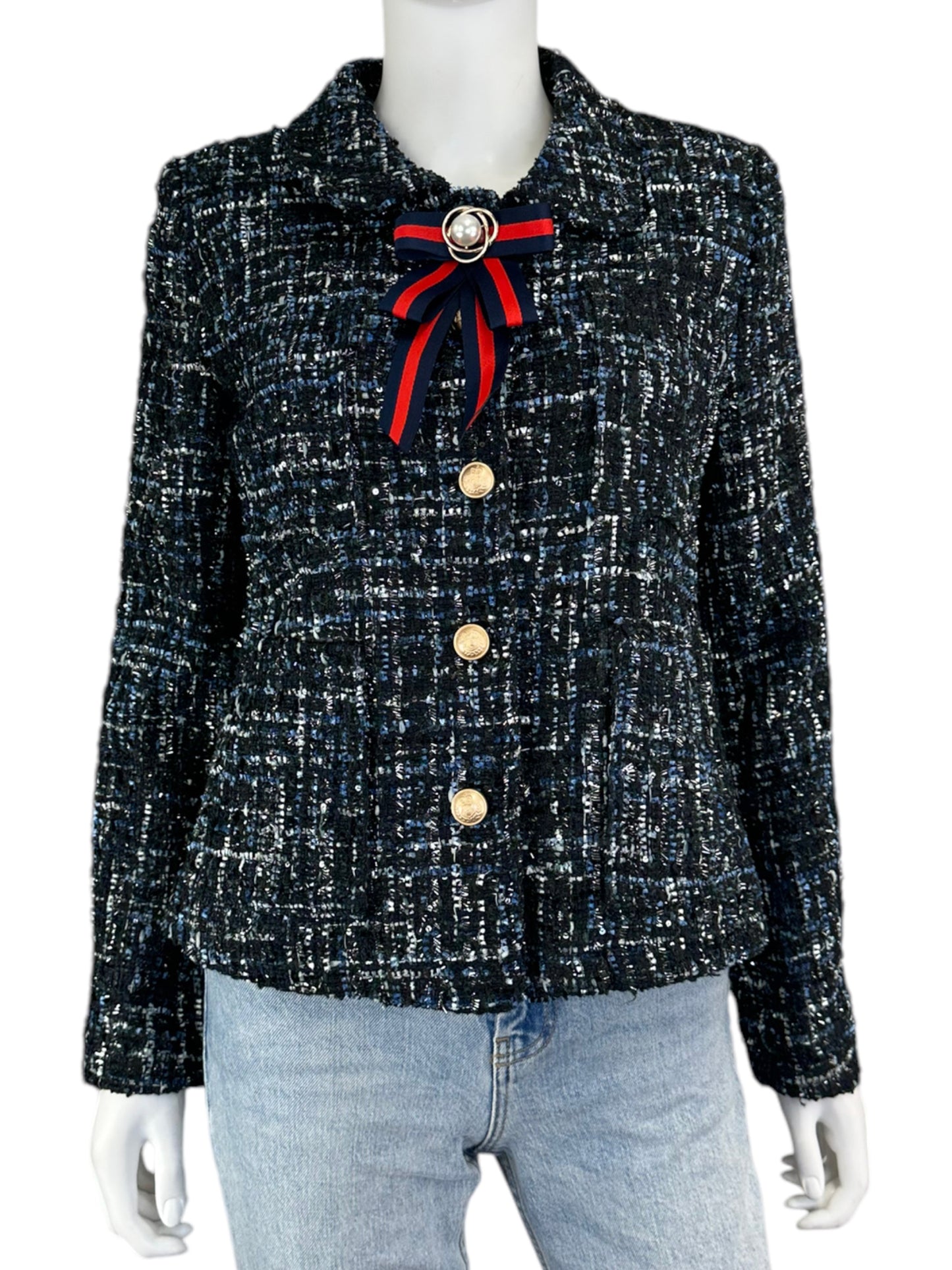 Gracia 100% Polyester Blue Cropped Tweed Sparkle Button Up Jacket Size M