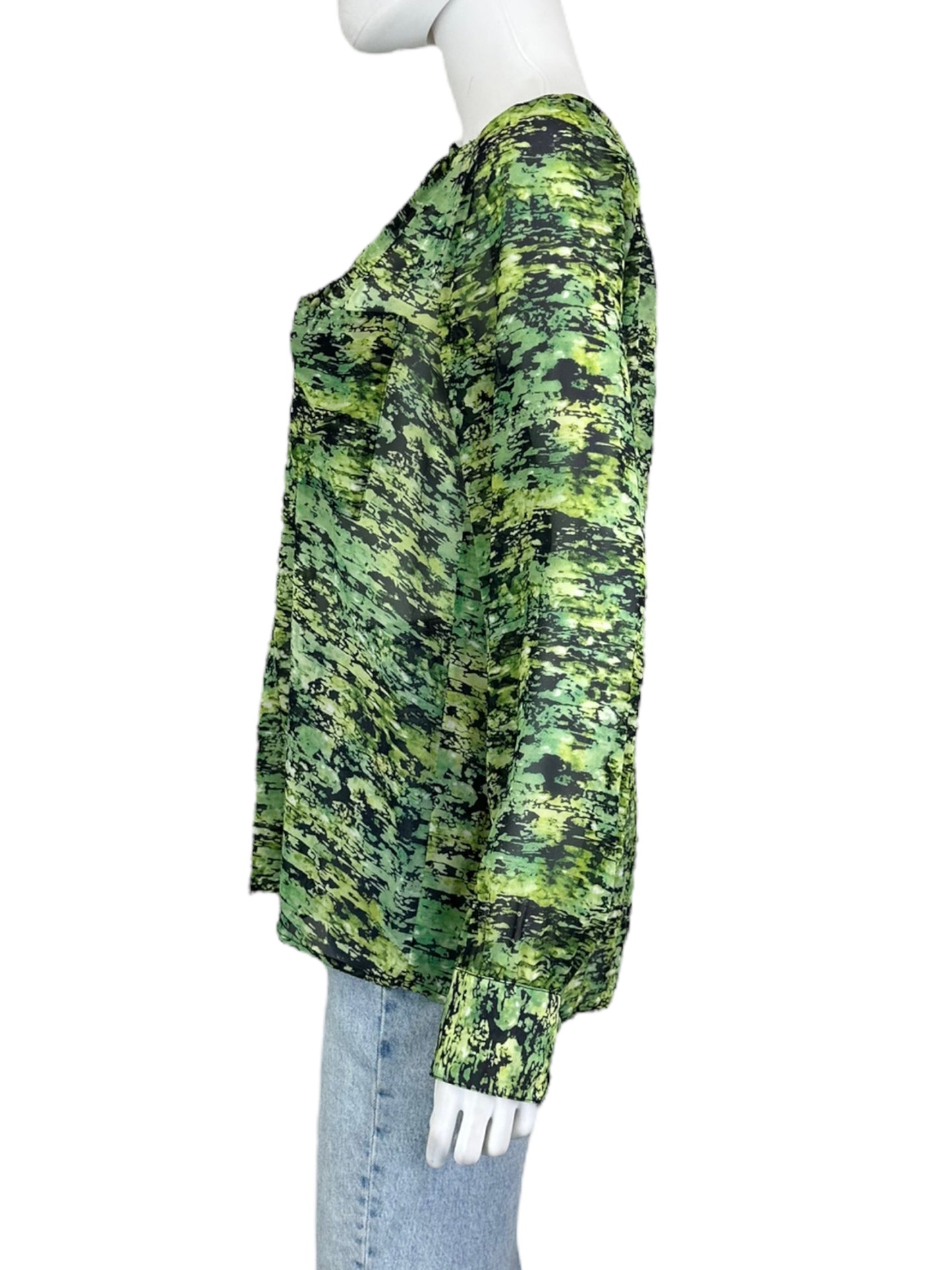BCBGMAXAZRIA 100% Silk Green Printed Blouse Size M