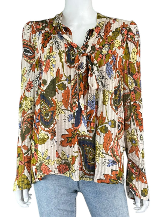MARIE OLIVER Cream Silk Floral Print Blouse Size L