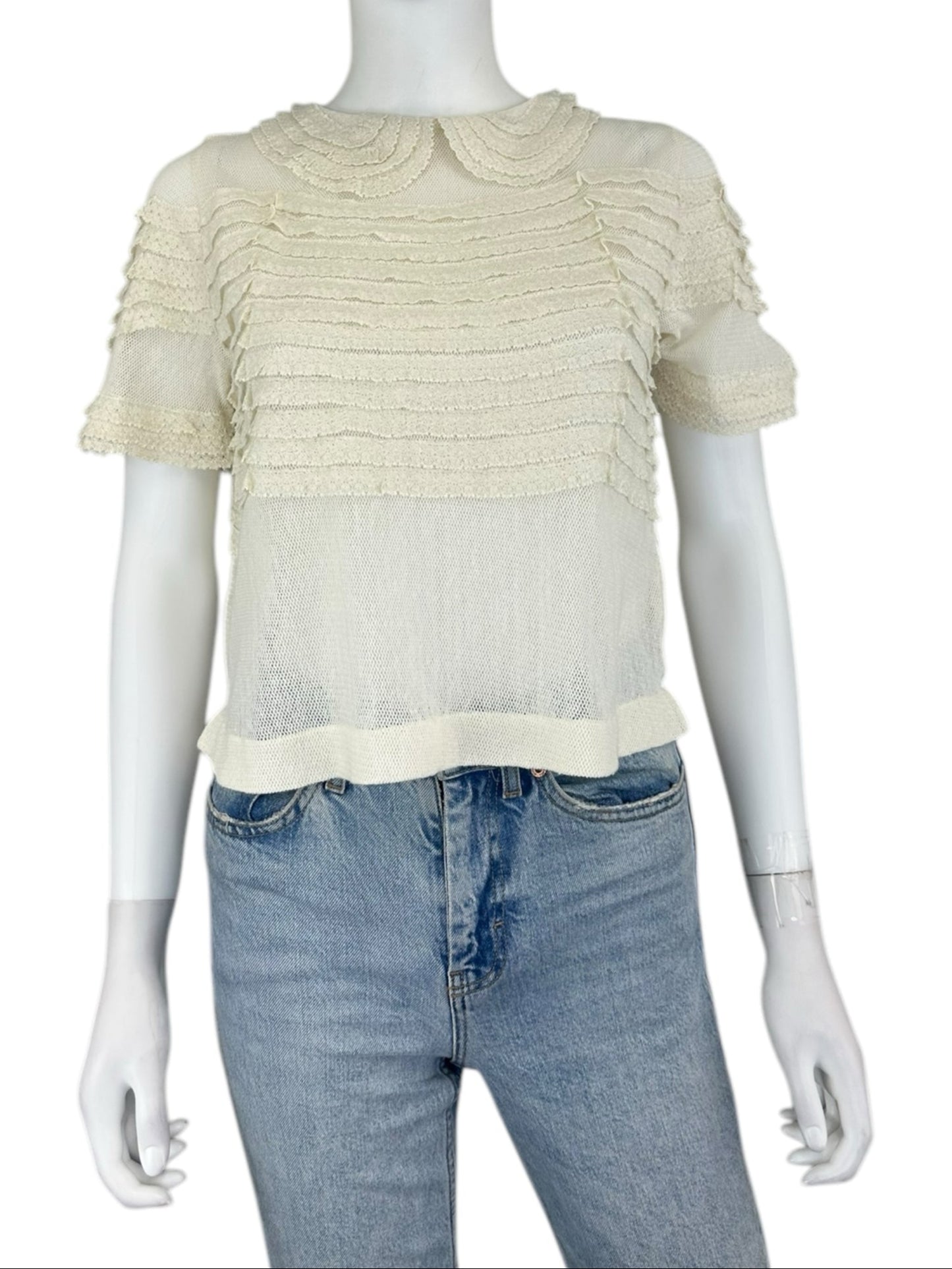 THE GREAT. Cream Cropped Lace Trimmed Blouse Size 0