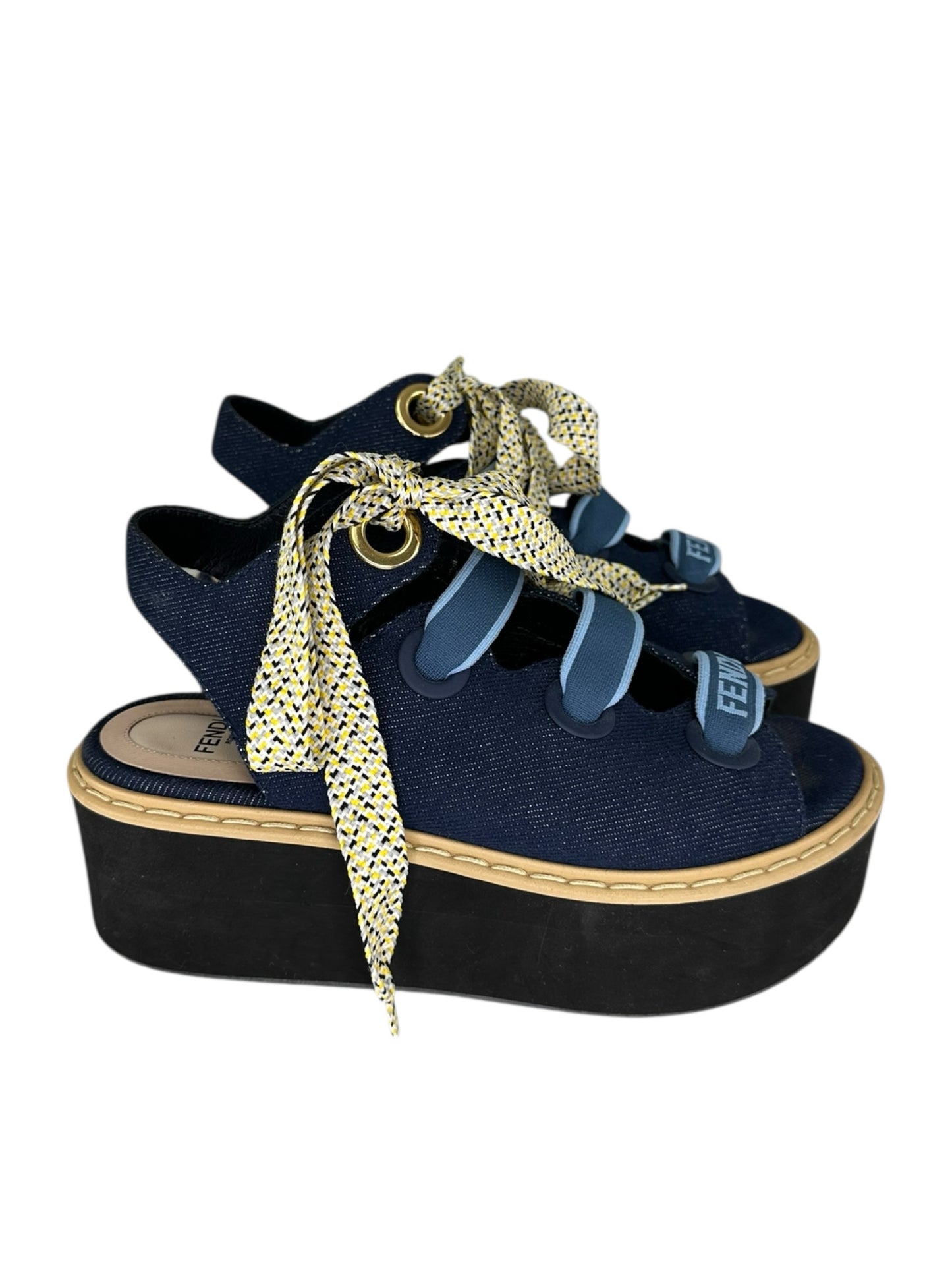 FENDI Blue Denim Lace-Up Platform Sandal Size 6.5
