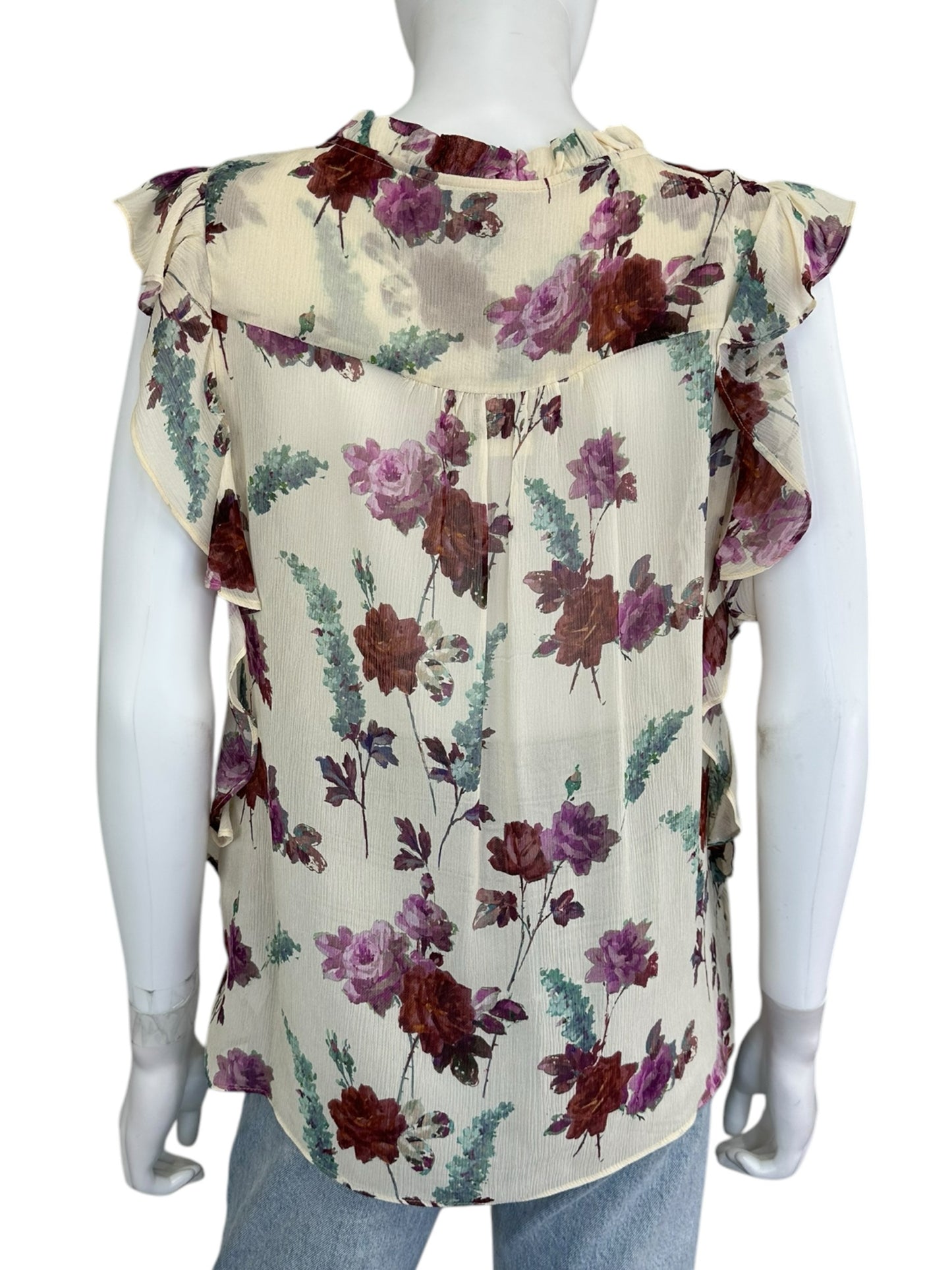 PAIGE 100% Silk Cream Sheer Floral Blouse Size S