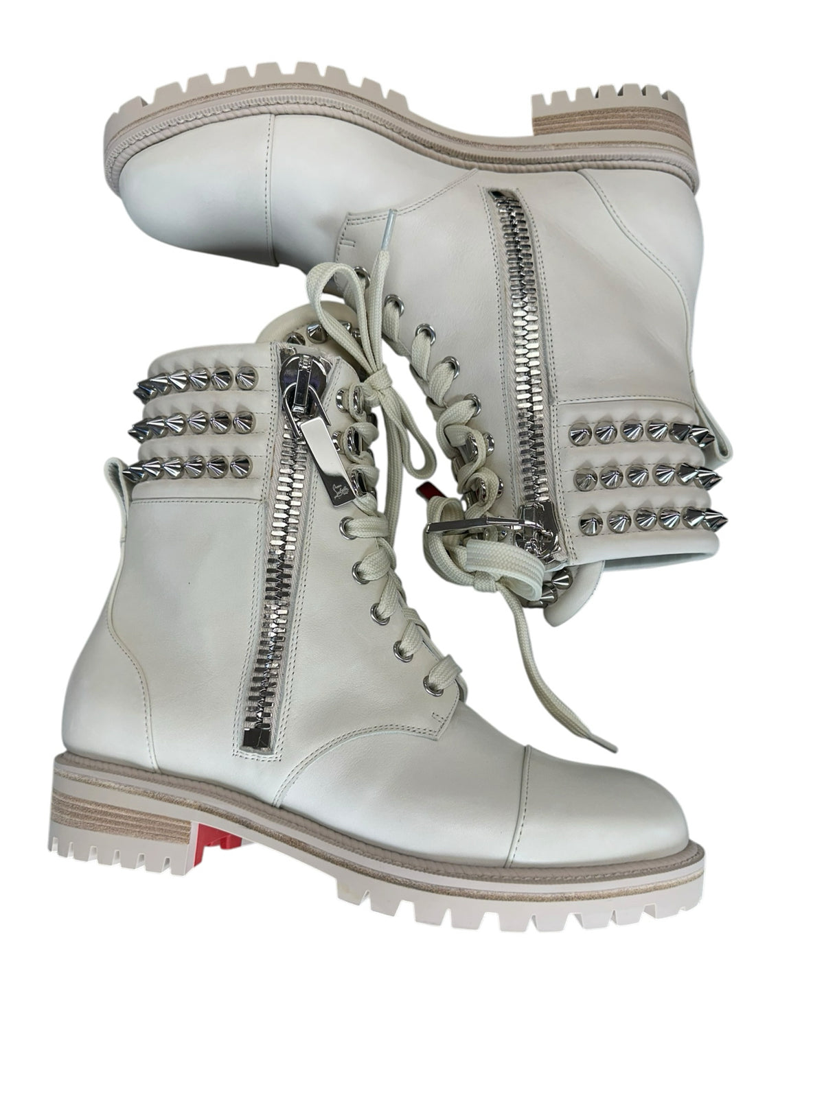 Christian Louboutin Cream Winter Spikes Flat Combat Boots Size 37.5