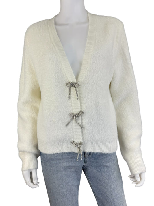 Sadie & Sage NWT White Porcelain Rhinestone Bow Cardigan Size L