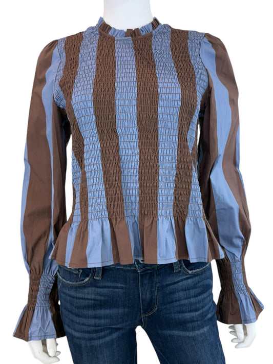 MIND TRAVELER NWT Brown Striped Smocked Chia Blouse Size L