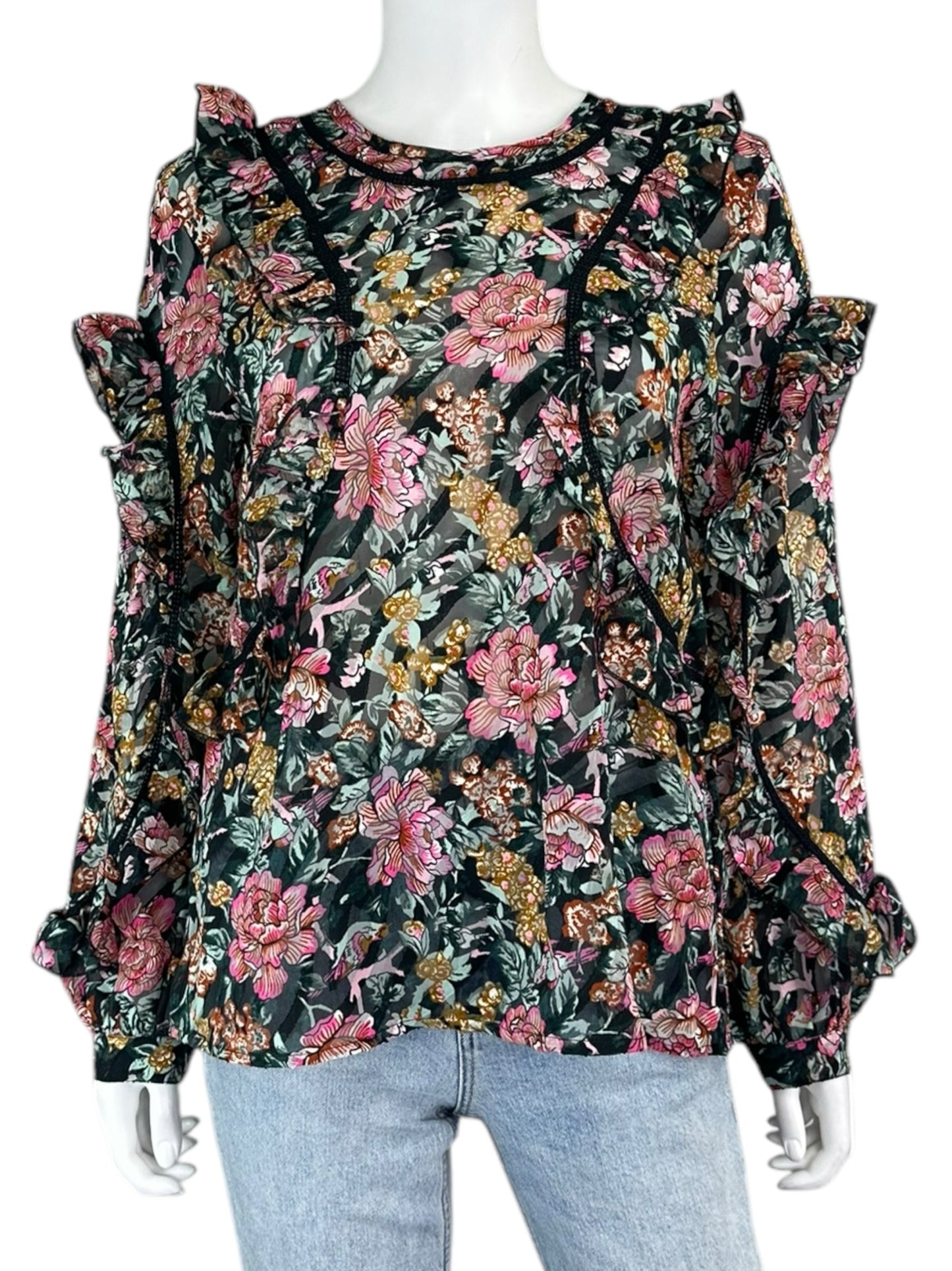 TOPSHOP Teal Floral Ruffle Blouse Size 8