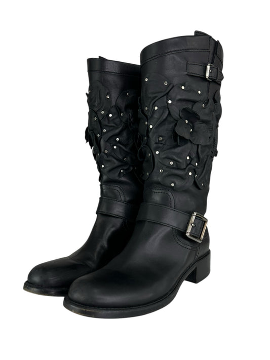 Valentino Black Studded Floral Appliqué Biker Boots Size 38