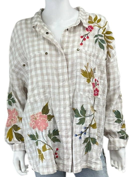 Johnny Was WORKSHOP 100% Linen Adele Gingham Check Button-Down Shirt Size L