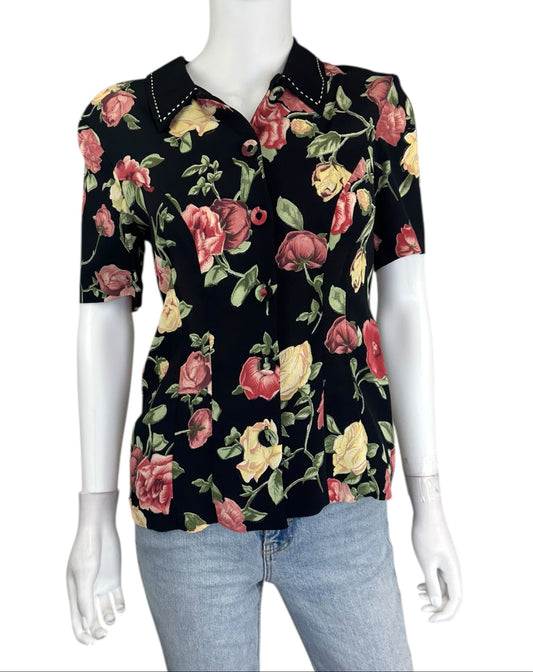 CAROLE LITTLE Black Floral Print Top Size 6