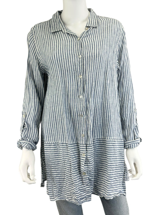 TAHARI 100% Linen Blue Striped Button-down Size L