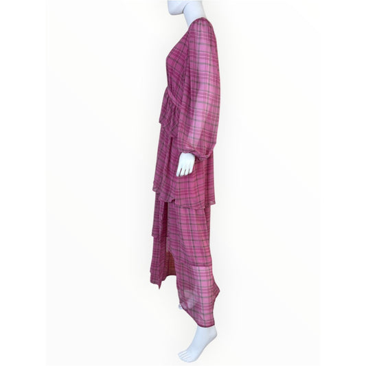 Saltwater Luxe Pink Plaid Tiered Maxi Dress Size XL