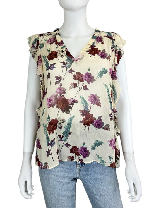 PAIGE 100% Silk Cream Sheer Floral Blouse Size S