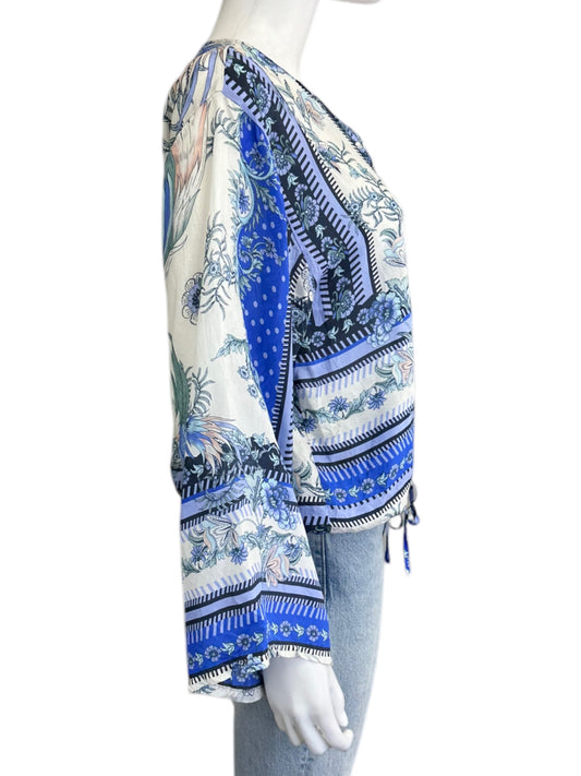 Johnny Was 100% Silk Blue Floral Print Blouse Size S