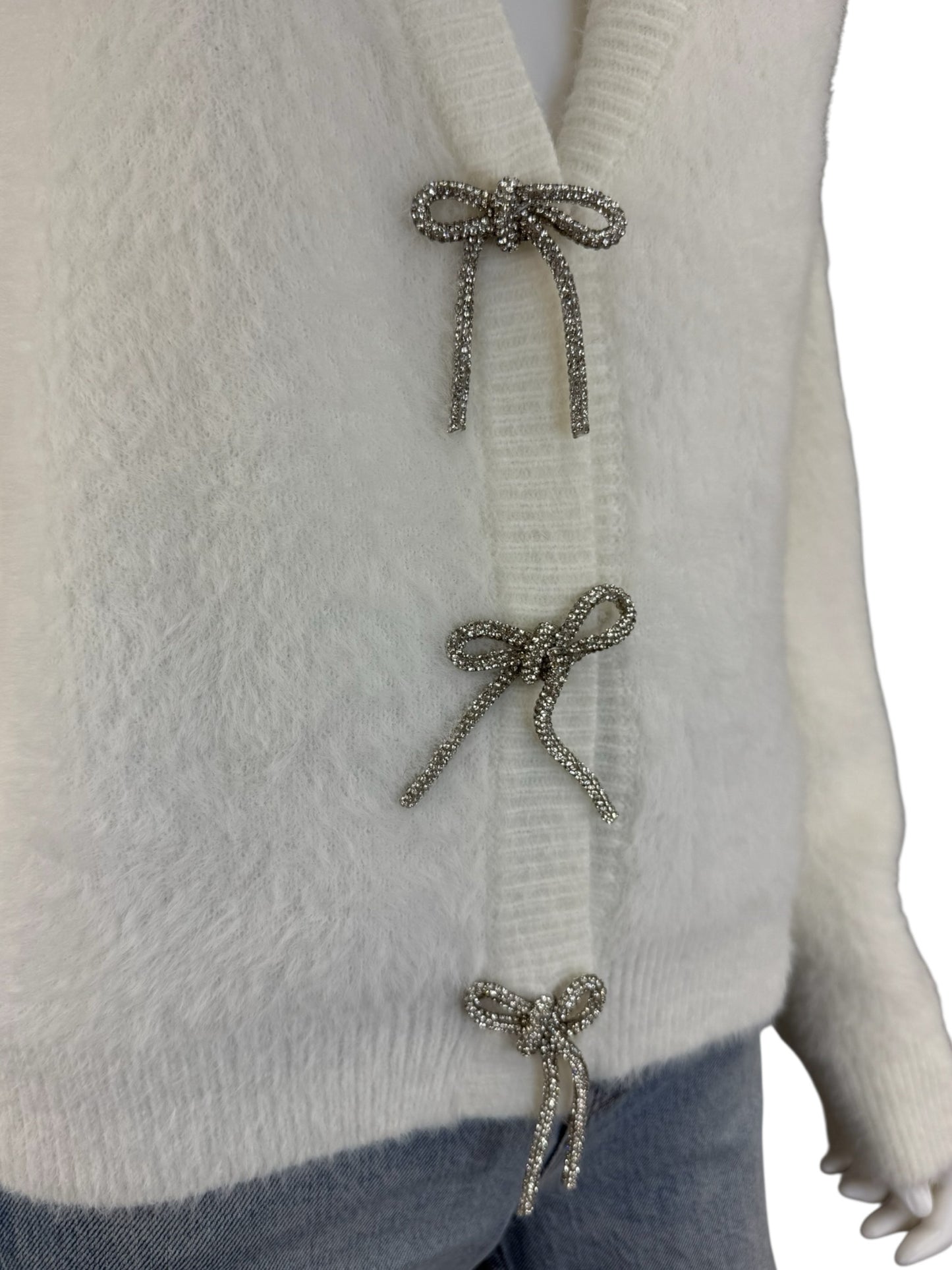Sadie & Sage NWT White Porcelain Rhinestone Bow Cardigan Size L