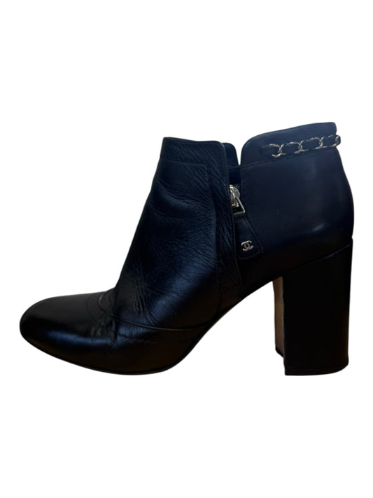 CHANEL Black Leather Ankle Boot Size 38.5