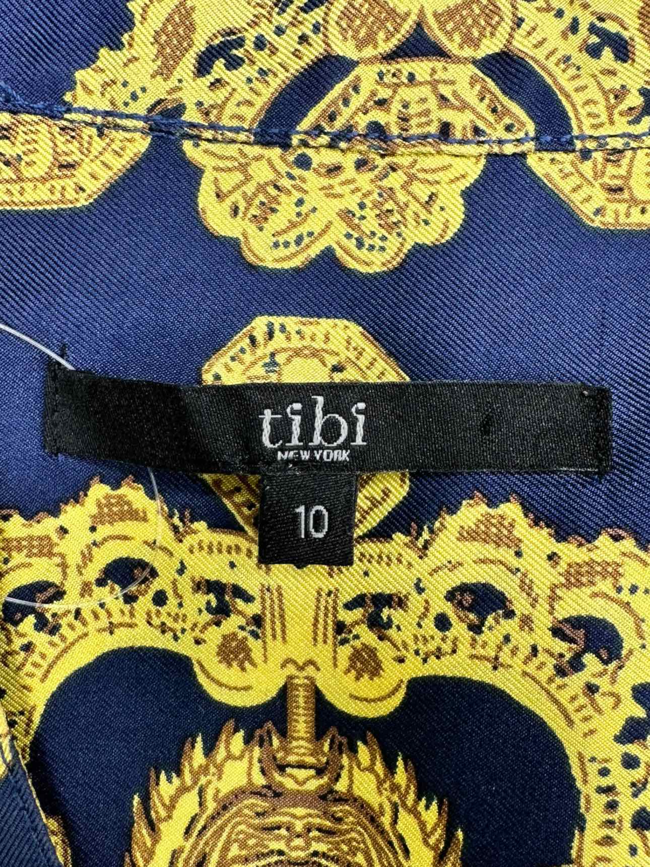 tibi 100% Silk Navy Silk Print Popover Top Size 10