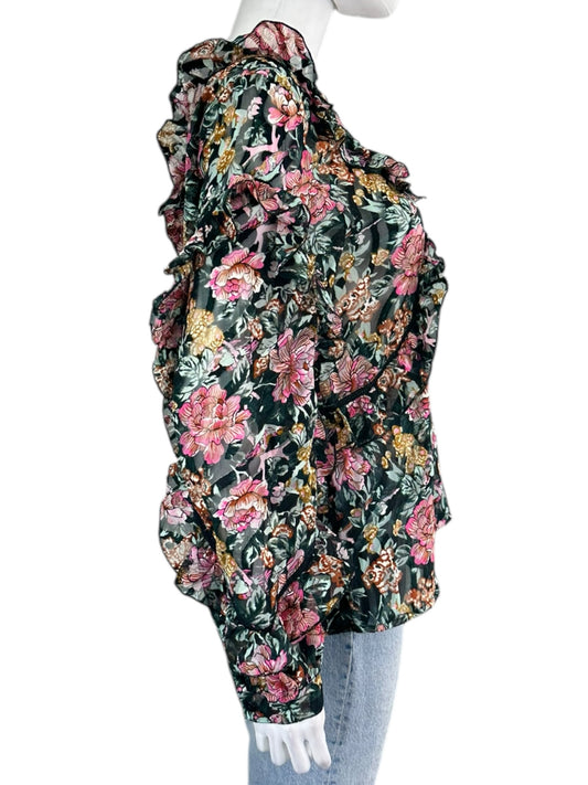 TOPSHOP NWT Teal Floral Ruffle Blouse Size 8