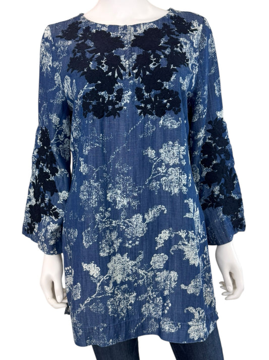 Chico's Blue Chambray Floral EmbroideredBlouse Size M