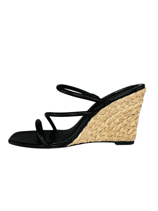 PAIGE Black Leather Stacey Three-Band Wedge Espadrilles Size 8