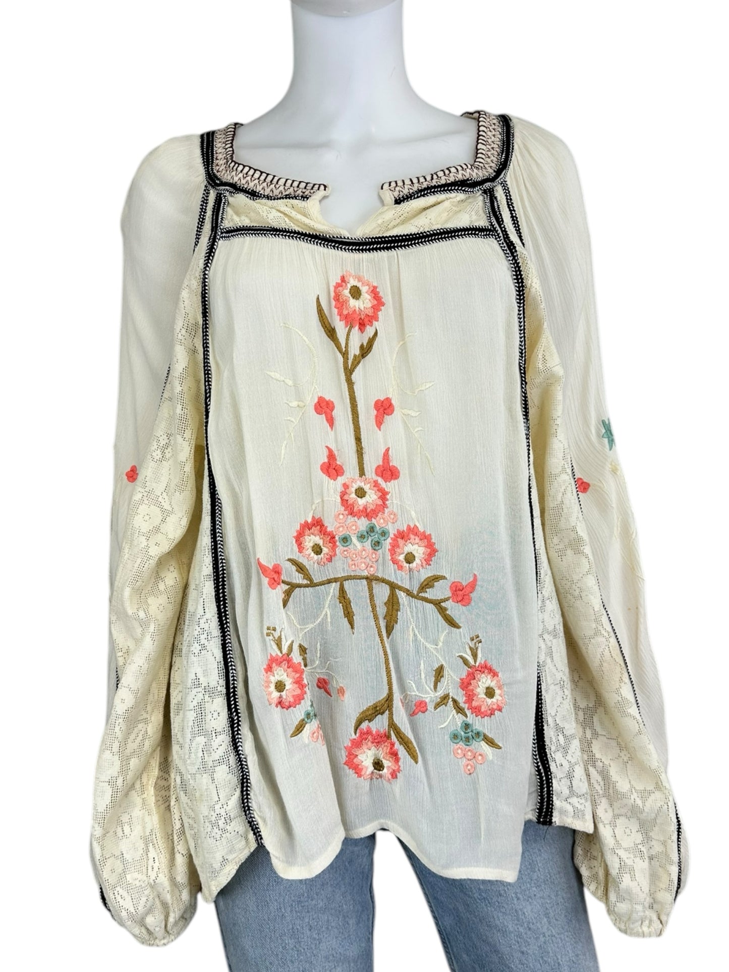 Free People Cream Embroidered Blouse Size M