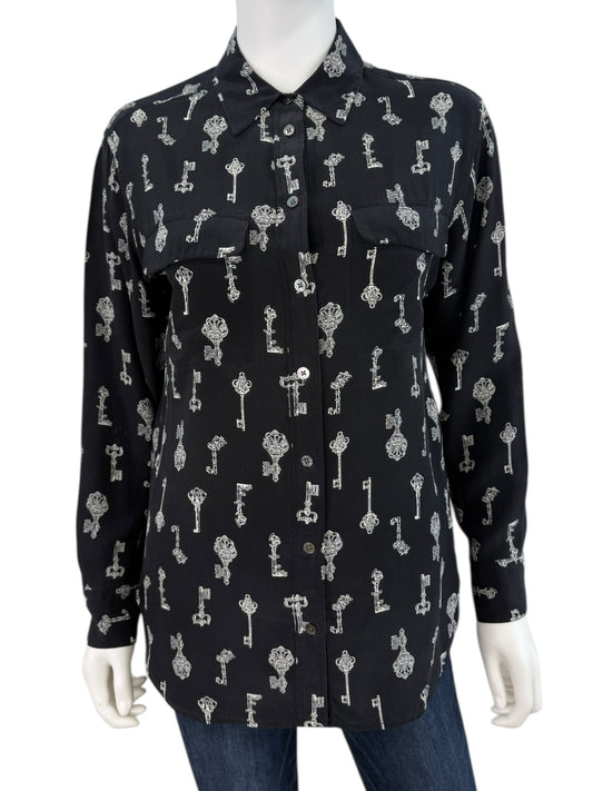 EQUIPMENT Black 100% Silk Key Print Button-Down Shirt Size XS