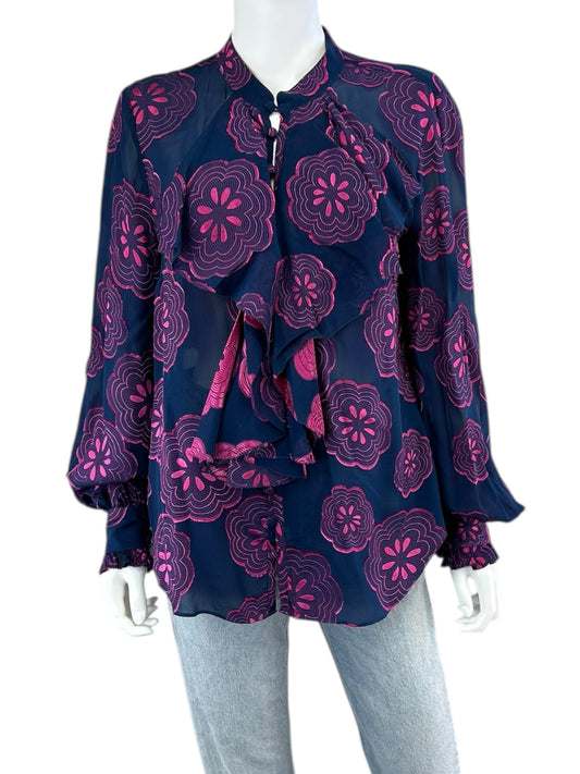 TRINA TURK Navy Floral Silk Print Blouse Size L