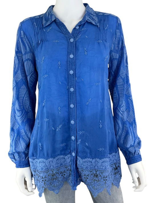 Johnny Was Blue Embroidered Button-Down Size XS
