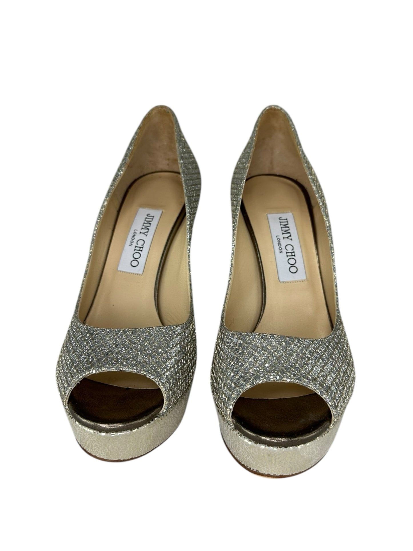 JIMMY CHOO Luna Champagne Glitter Peeptoe Pumps Size 38.5