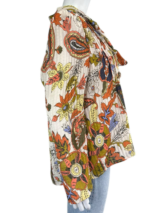 MARIE OLIVER Cream Silk Floral Print Blouse Size L