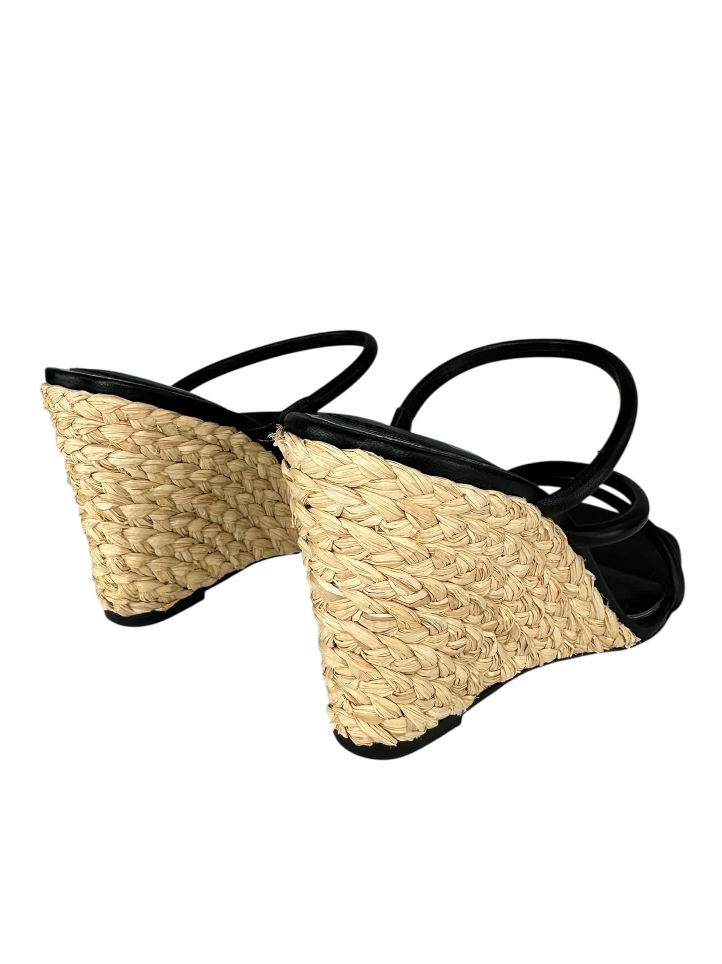 PAIGE Black Leather Stacey Three-Band Wedge Espadrilles Size 8