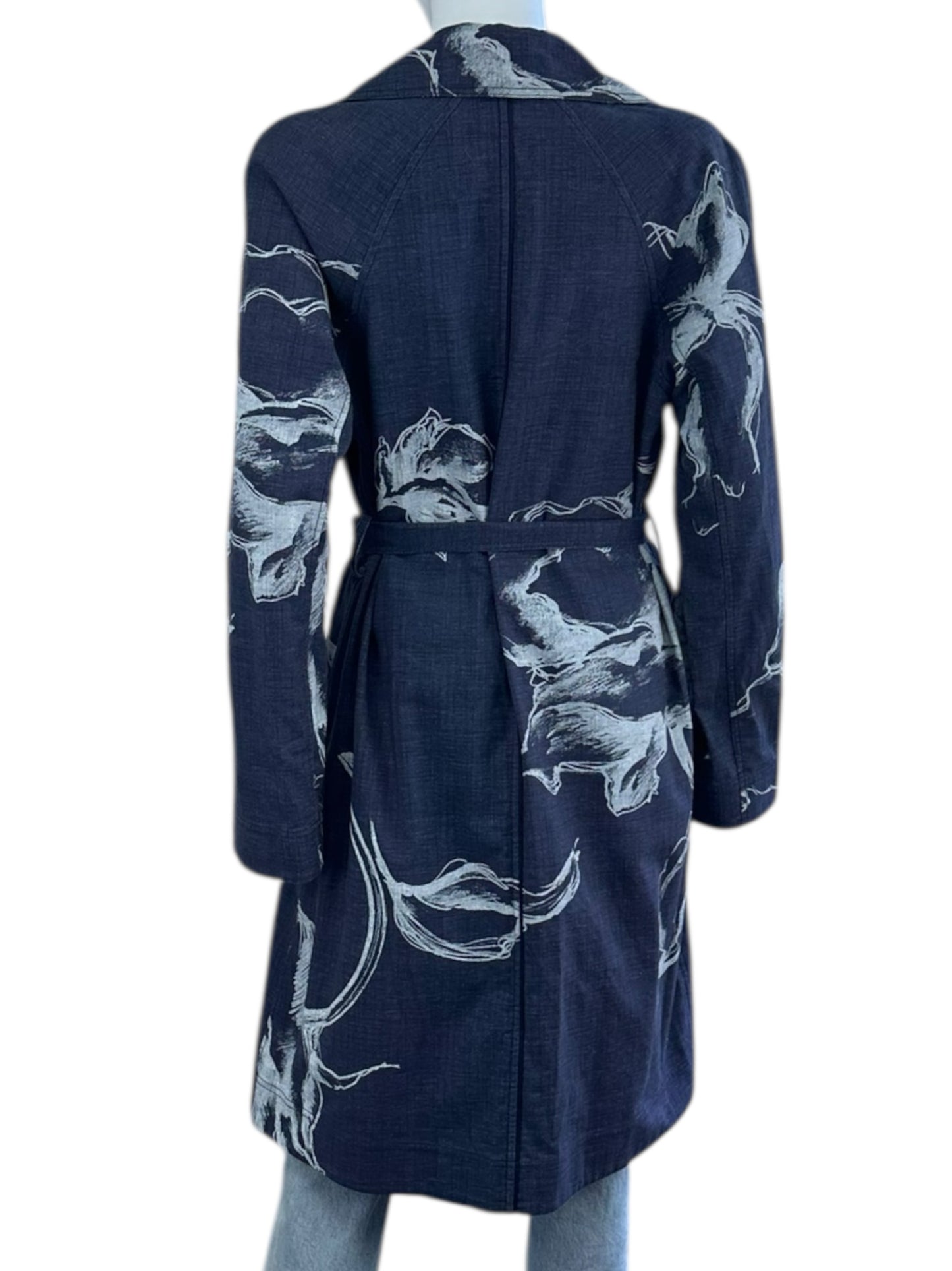 LAFAYETTE 148 NEW YORK Blue Denim Floral Trench Coat Size M