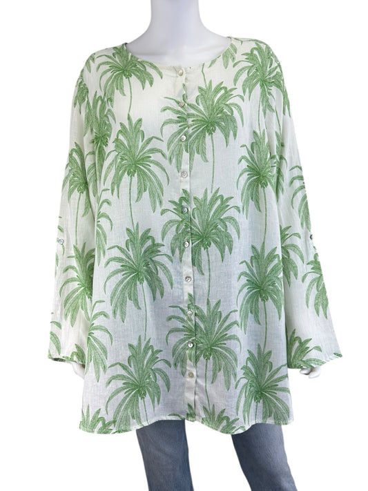 TAHARI Green Palm Print Linen Top Size 2X
