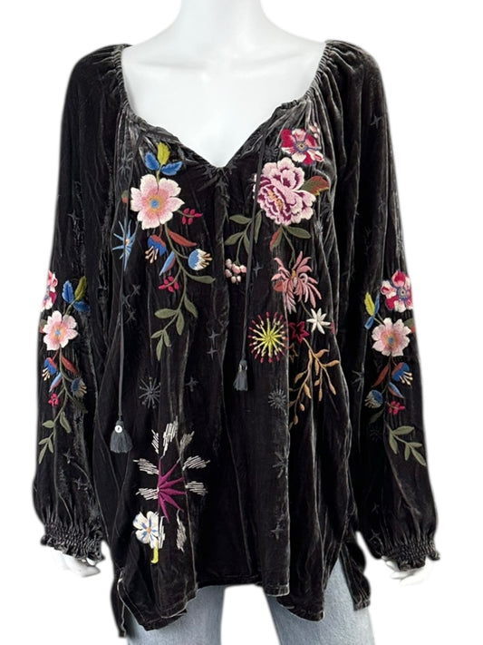 Johnny Was Gray Velvet Embroidered Blouse Size L